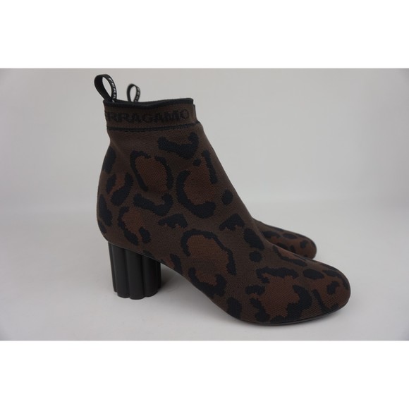 Salvatore Ferragamo Leopard Print Stretch Knit Sock Capo 55 Booties Size 9.5 C - Picture 1 of 6